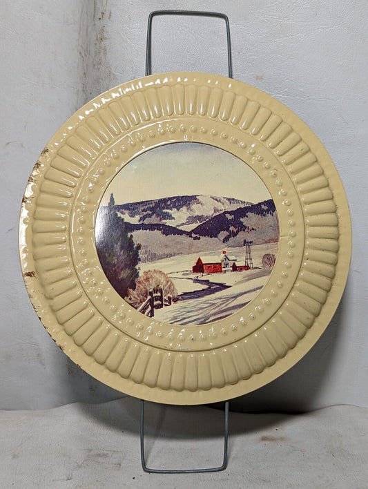8 inch vintage vent cover, metal, snowy farm with hills