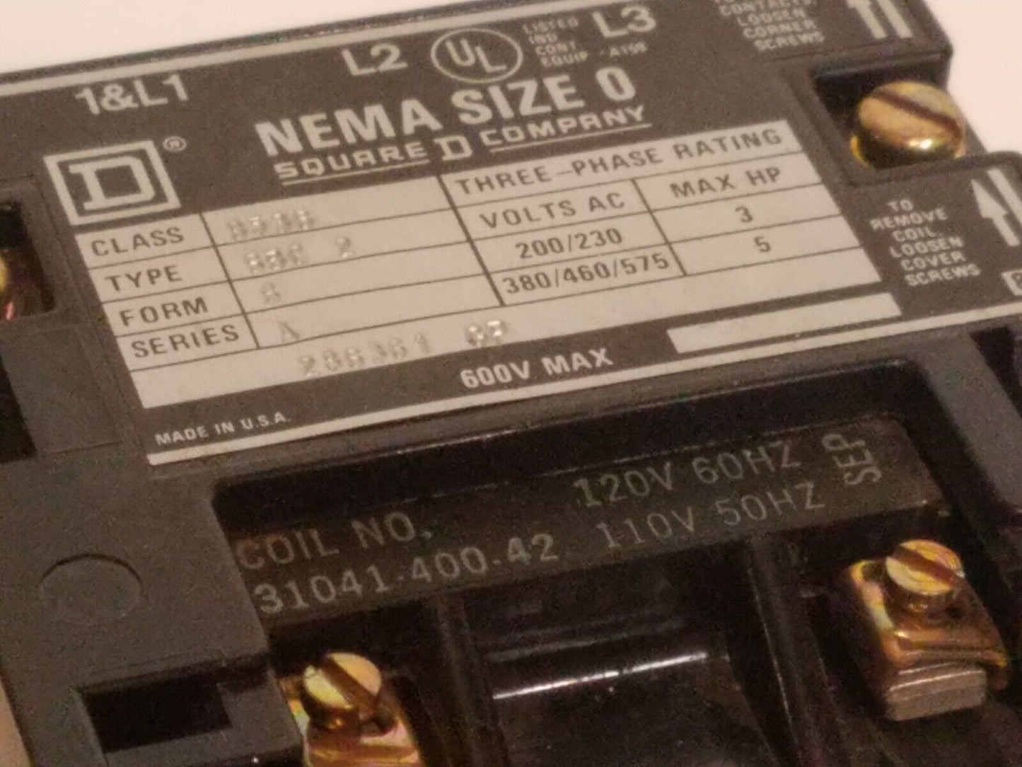 Square D 8536SB02V02S, ser. A, NEMA size 0, motor starter, 110/120VAC coil