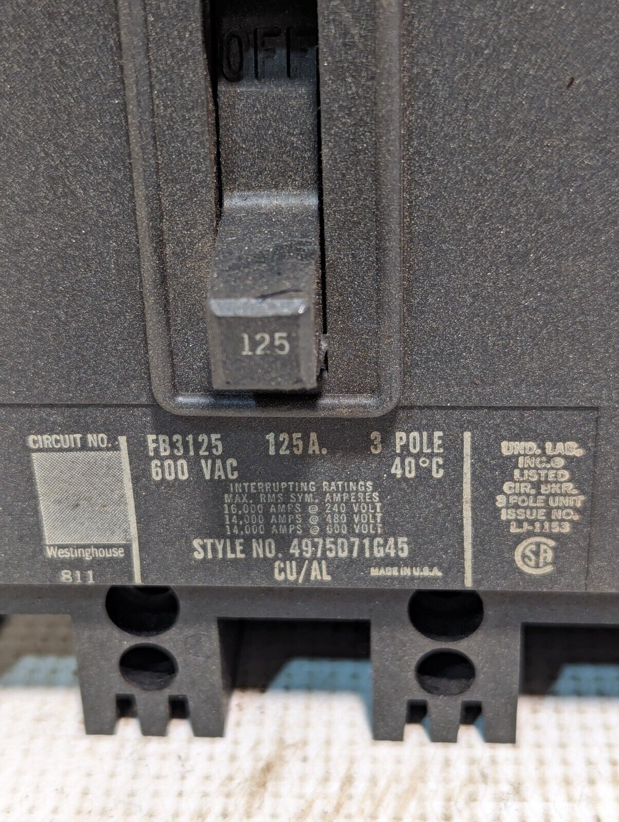 Westinghouse FB3125 circuit breaker, 125A, style 4975D71G45, 600VAC, 3 pole