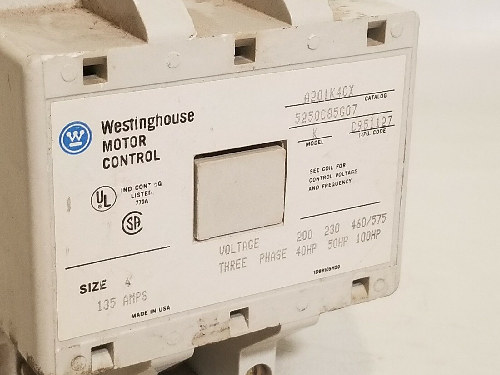 Westinghouse Motor Control A201K4CX 5250C85G07 Size 4 135A with 440/480VAC coil