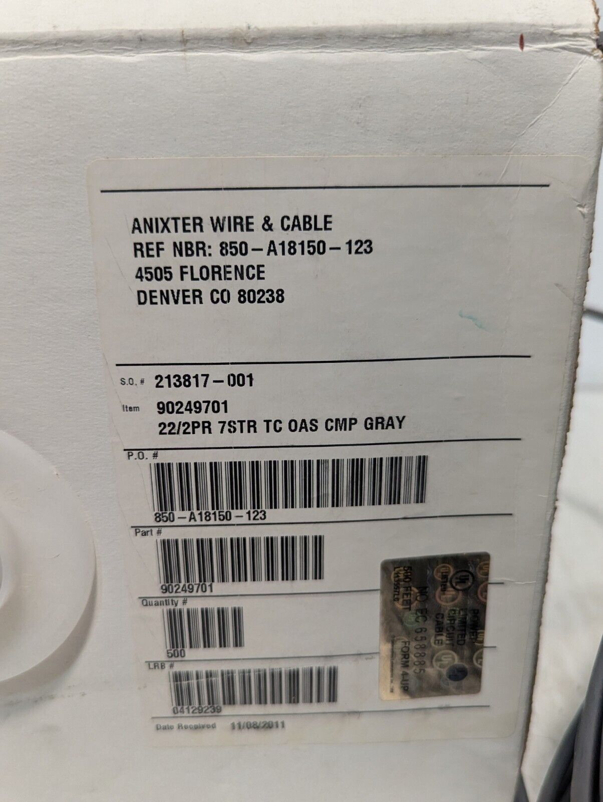 Anixter 22AWG, 2 pair, 7 strand TC OAS(shielded) CMP (Plenum) Gray, 400+ feet