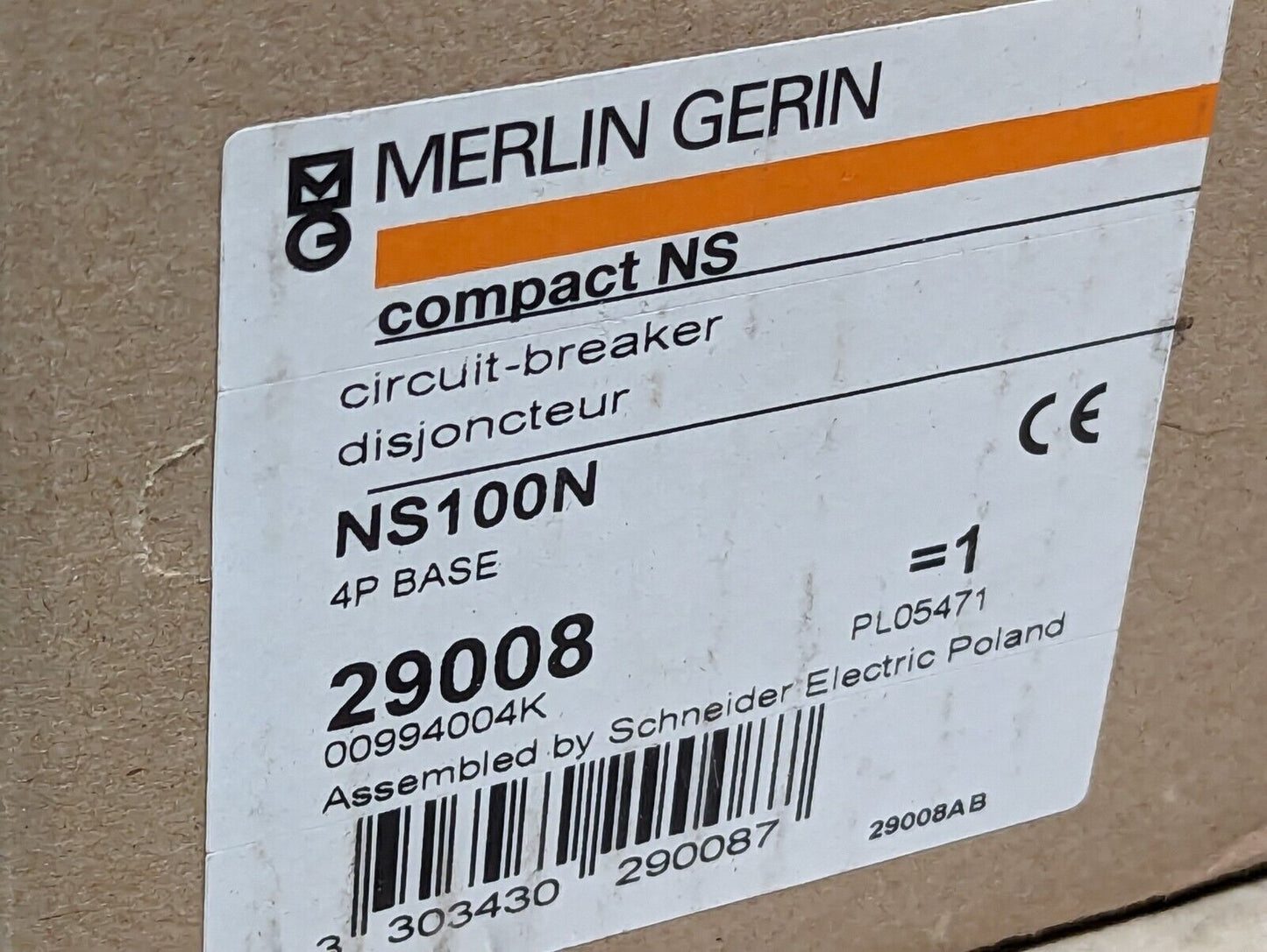 Merlin Gerin 29008 compact circuit breaker, NS100N, 100A, 4P