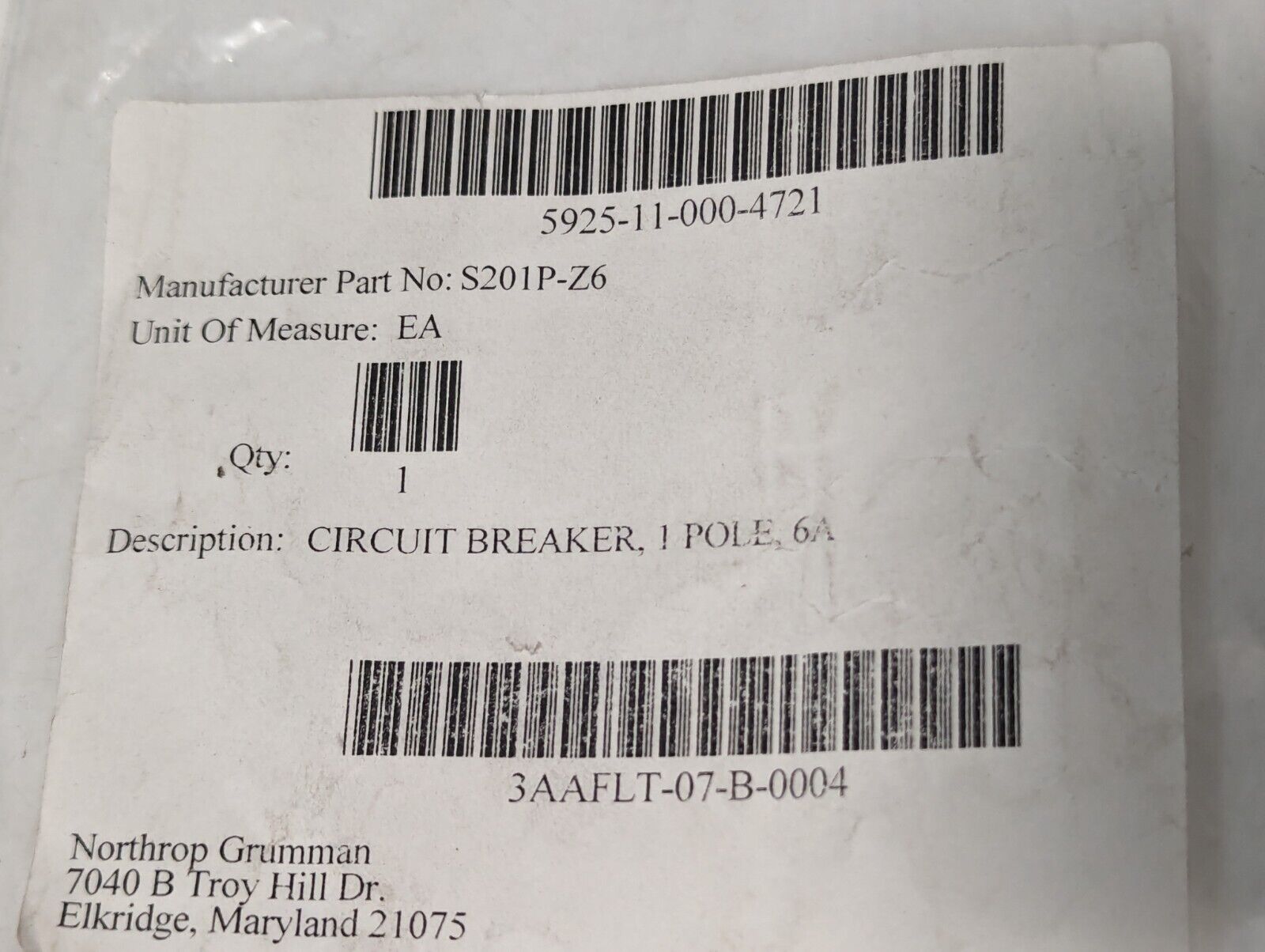 ABB S201P-Z6 Circuit Breaker, 6A, 1-Pole, AC/DC, 5925-11-000-4721 -Free Shipping