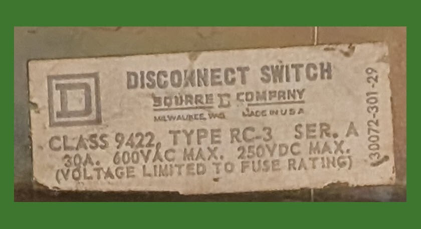 Square D 9422-RC3 Disconnect Switch, 30A, 600vac Max, 250vdc Max