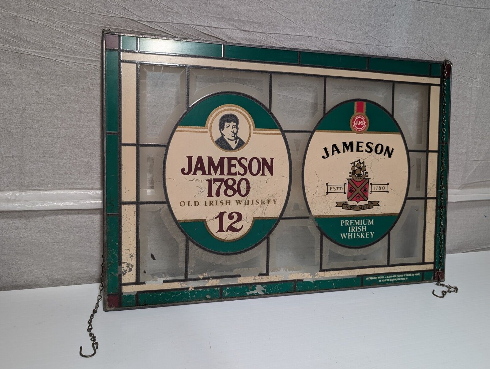 Vintage Jameson Irish Whiskey Faux Stained Glass Hanging Bar Sign