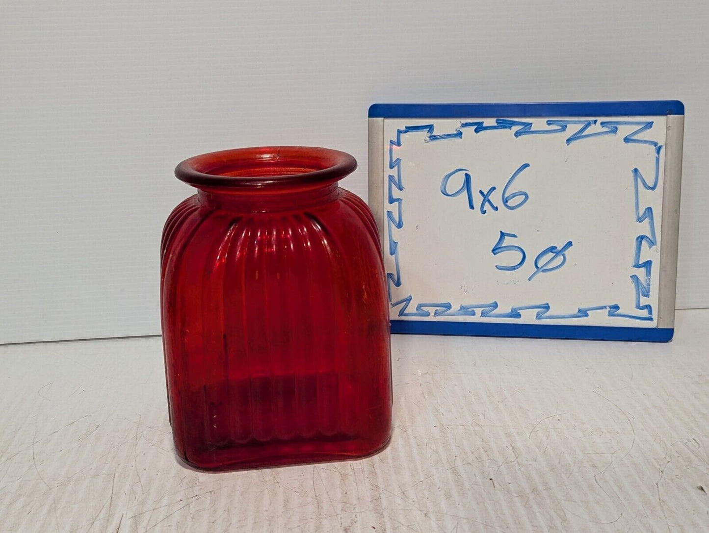 Vintage Red Ribbed Glass Vase\Jar\Canister, 9" T x 6" W x 5" Opening - Free Ship