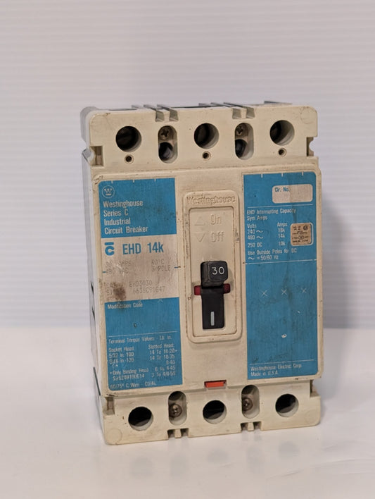 Westinghouse EHD3030 Industrial Circuit Breaker, 3 Pole, 30 Amp, 480vac, 14kA