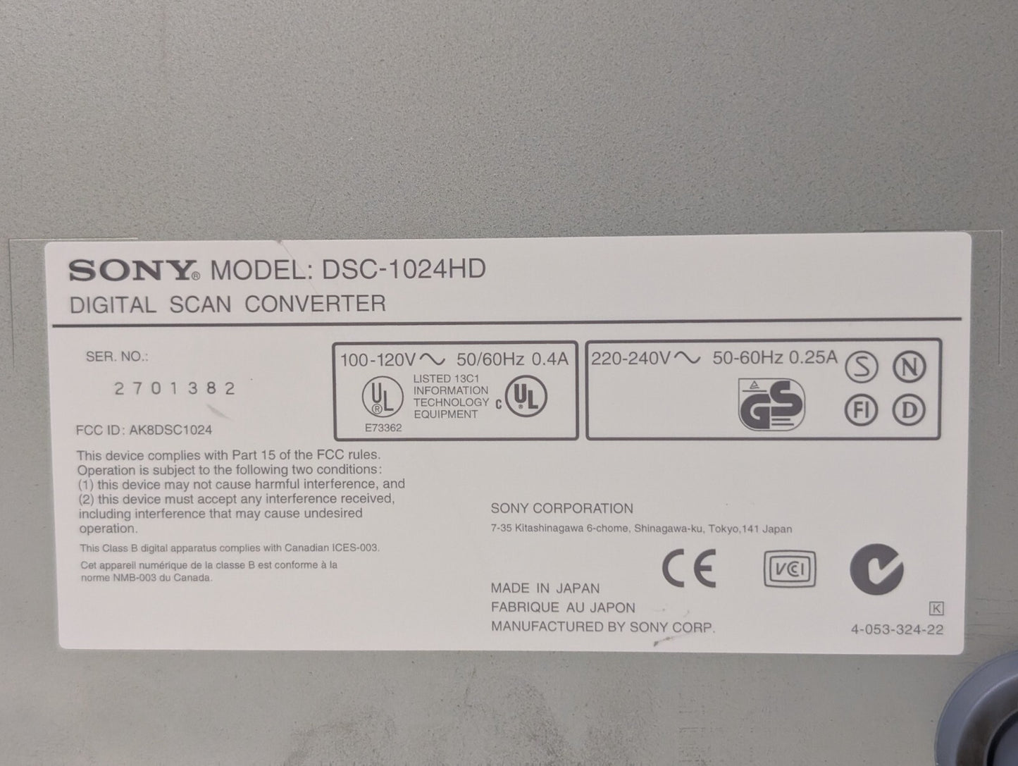Sony DSC-1024HD Digital Scan Converter, HD 1080i Output, Upward\Downward Conv.