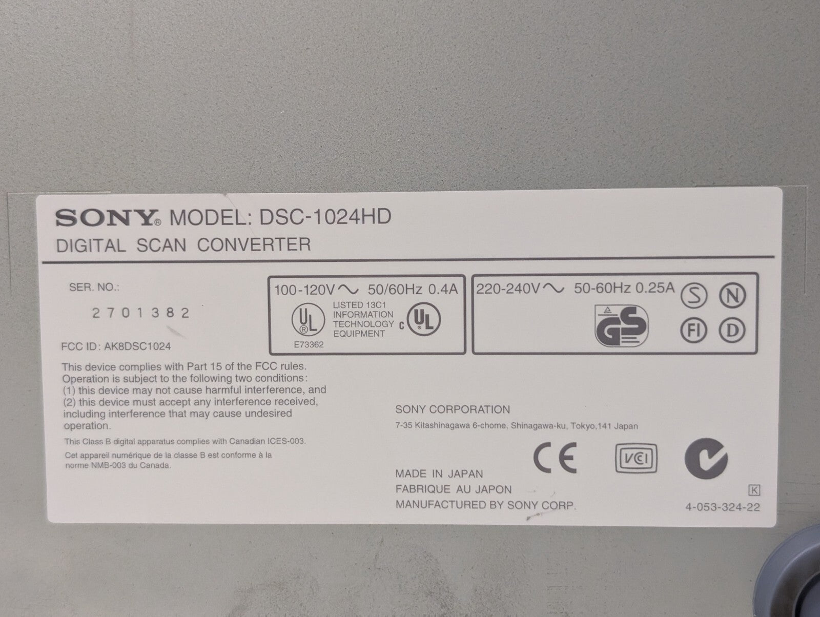 Sony DSC-1024HD Digital Scan Converter, HD 1080i Output, Upward\Downward Conv.