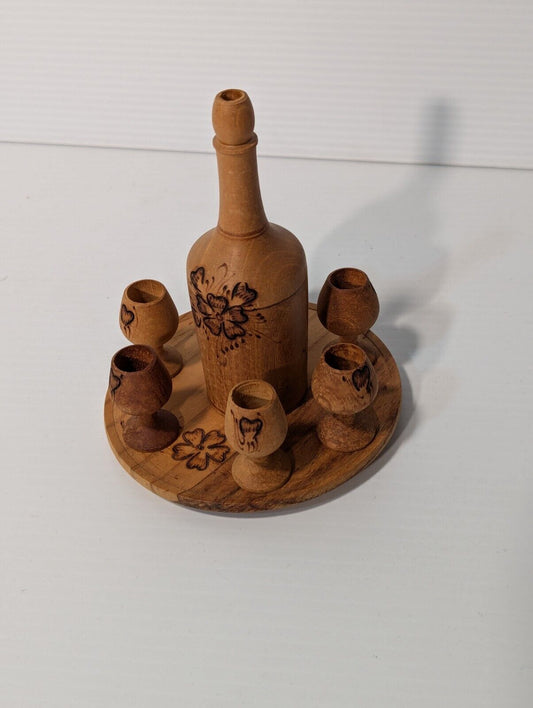 Vintage Burnt Wooden Pyrography Folk Art Decanter w\ Small Platter and 6 Goblets