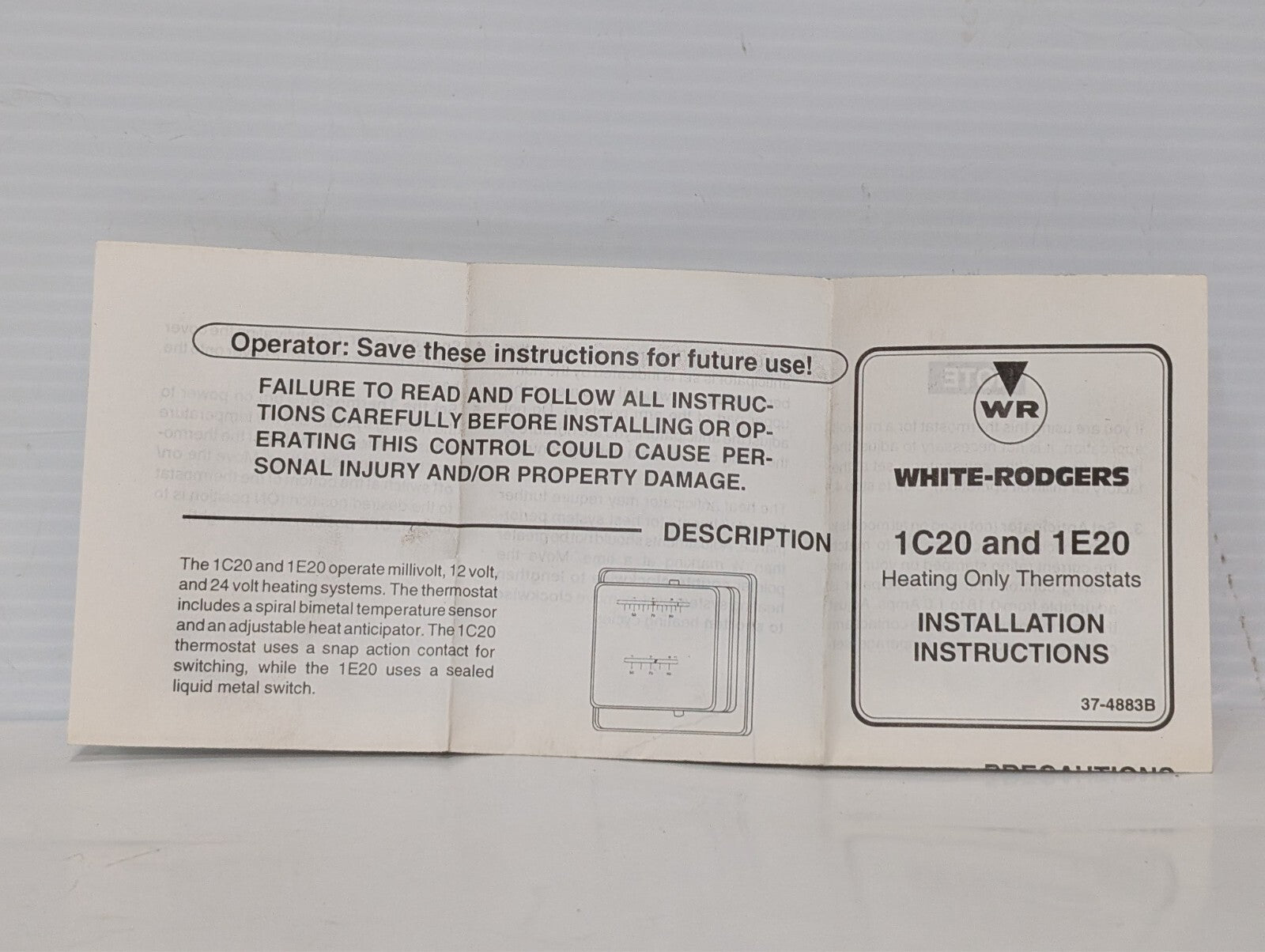White Rodgers 1C20-1, Heating Thermostat, Low Voltage Snap Action, Model 7202