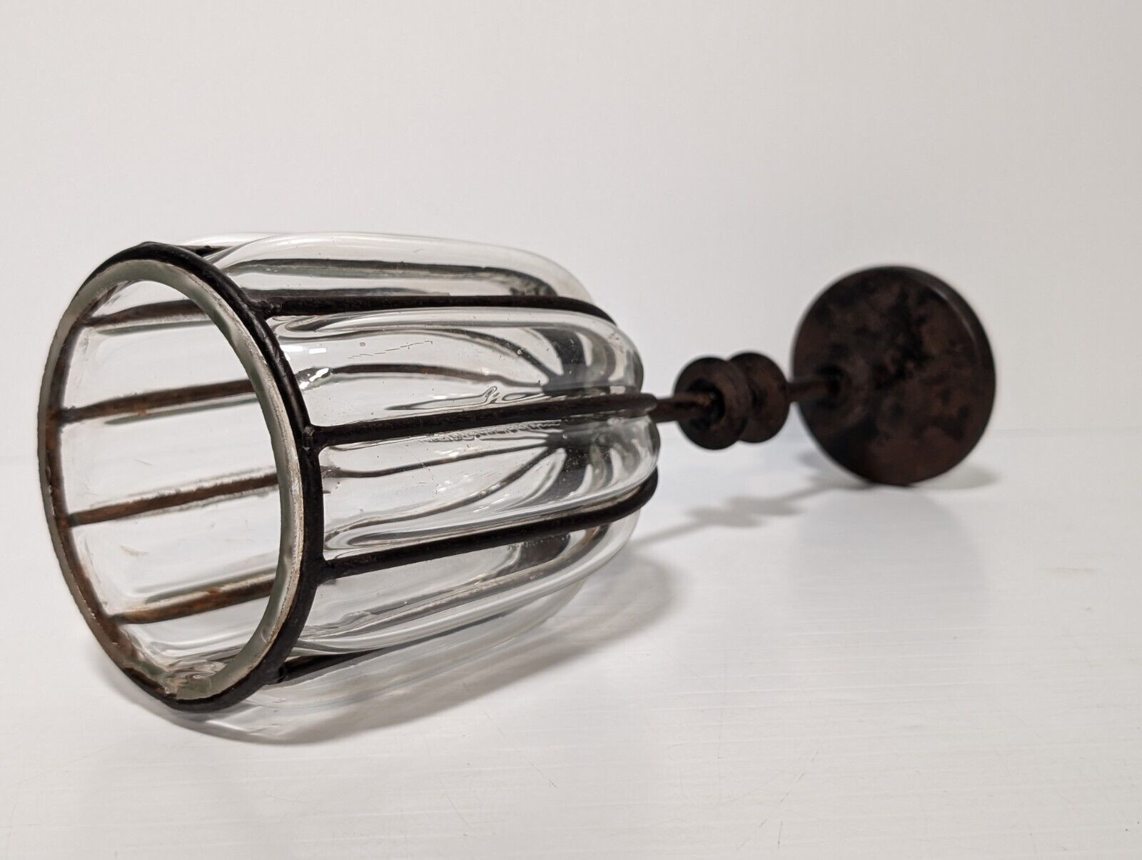 Vintage Cast Iron Candle Holder Blown  Glass Cup, 12" Tall, 4" Diameter