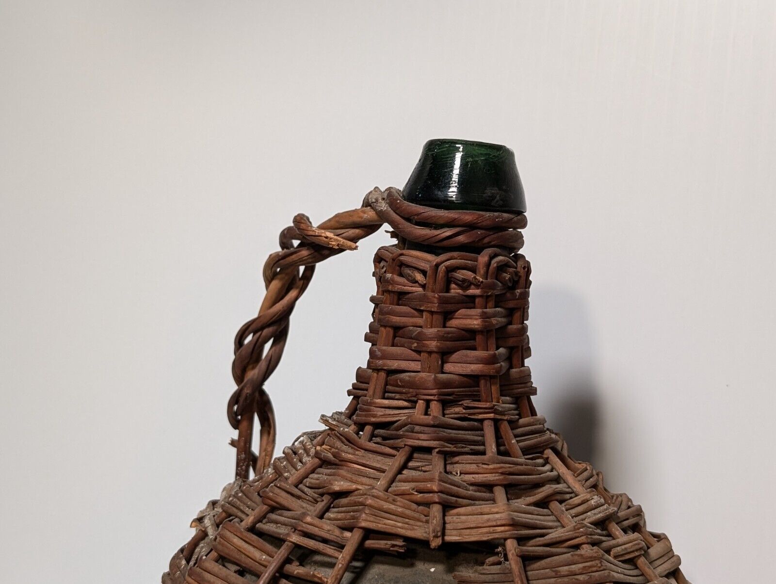 Vintage Wicker Wrapped Green Glass Jug \ Bottle with Handle, 18" T x 8" Diameter