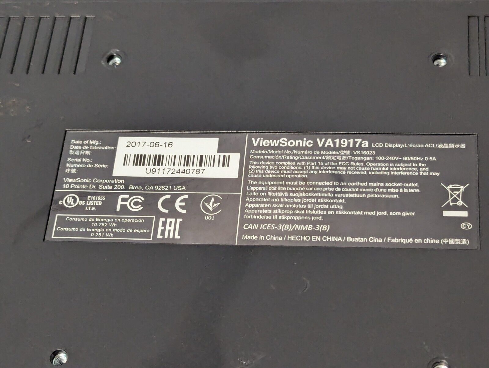ViewSonic VA1917A Monitor, 2017, Mat Black, Working - Free Shipping