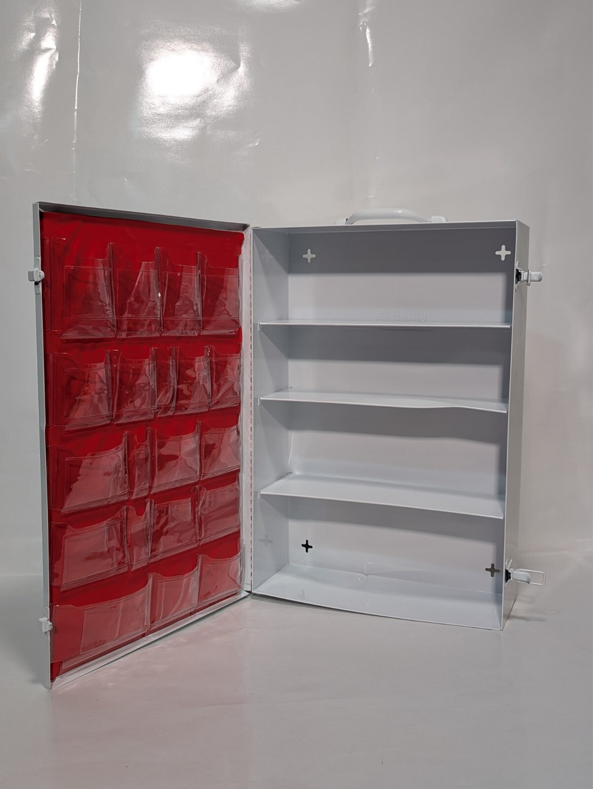 Uline First Aid Cabinet, 4 shelf, metal case, no contents, 22x15x6 inch, dings