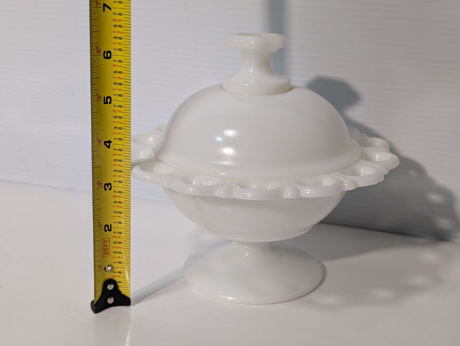 Vintage White Milk Glass Compote Lace Edged Pedestal Candy Dish with Lid, ID: 5"
