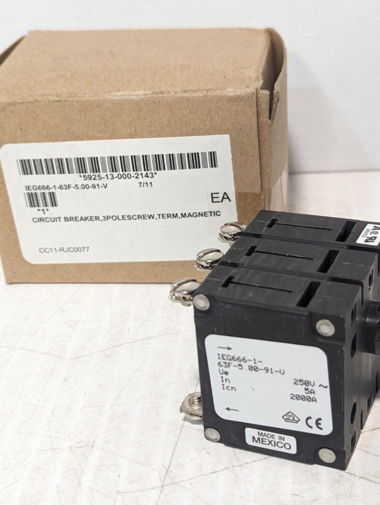 Airpax IEG666-1-63F-5.00-91-V Circuit Breaker, 5A, 250VAC, 3-Pole - Free Ship
