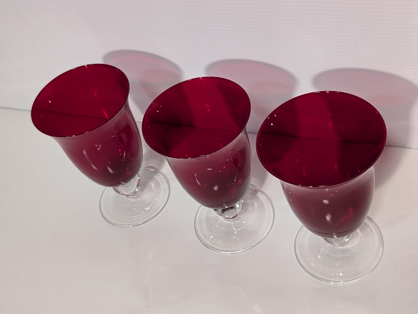 3 Vintage Ruby Red Goblets Fluted Clear Stem Tumblers Holiday Retro Celebration
