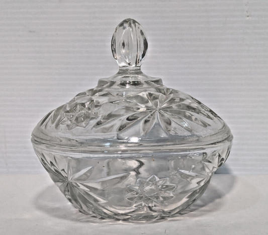 Vintage Antique Crystal Clear Glass Candy Dish, Snack Jar, Lid, Starburst Design