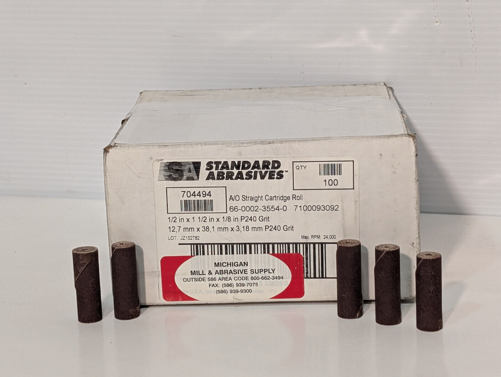 Standard Abrasives #704494 Straight Cartridge Roll P240 Grit, 1/2"x1-1/2"x1/8"