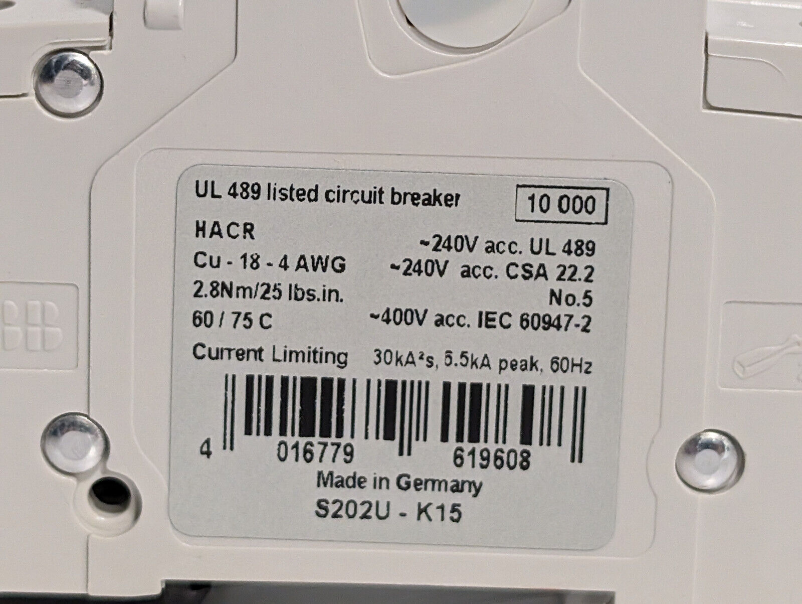 ABB S202U-K15 Circuit Breaker, 2-Pole, 240 VAC, 15 A, E212323, 50/60 Hz