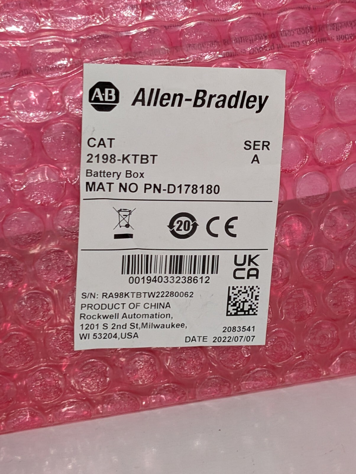 (1) NEW Allen Bradley 2198-KTBT Ser A PN-D178180 Battery Box Rockwell Automation