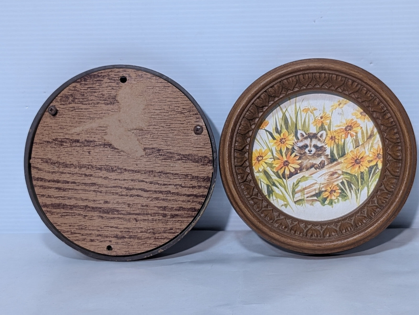 70s Vintage Round 7" Framed Art, Mushroom, Mouse, Raccoon, Woodland, Wildflowers