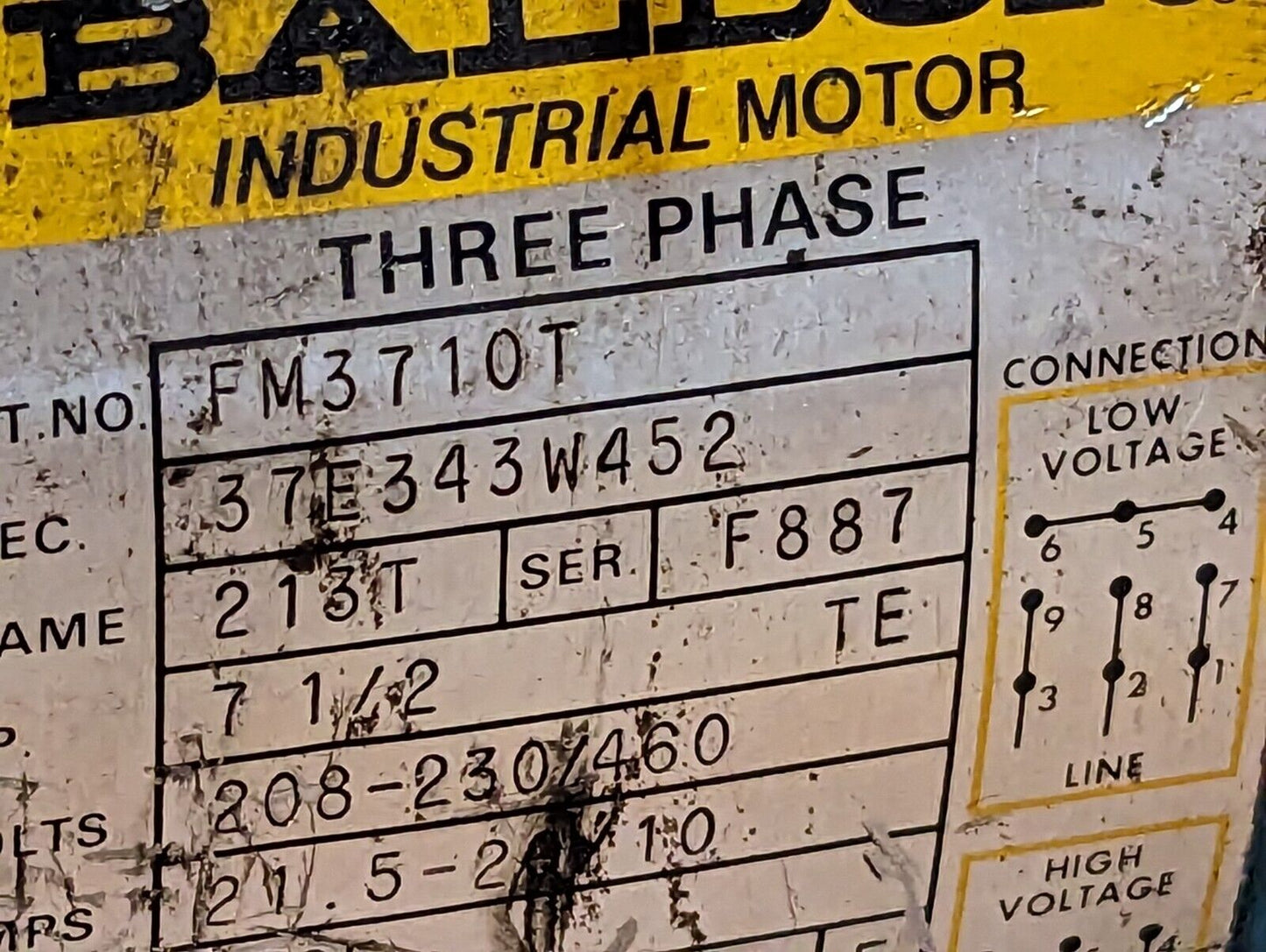 Baldor FM3710T three phase industrial motor, 7.5HP, 208-230/460VAC, 1725RPM