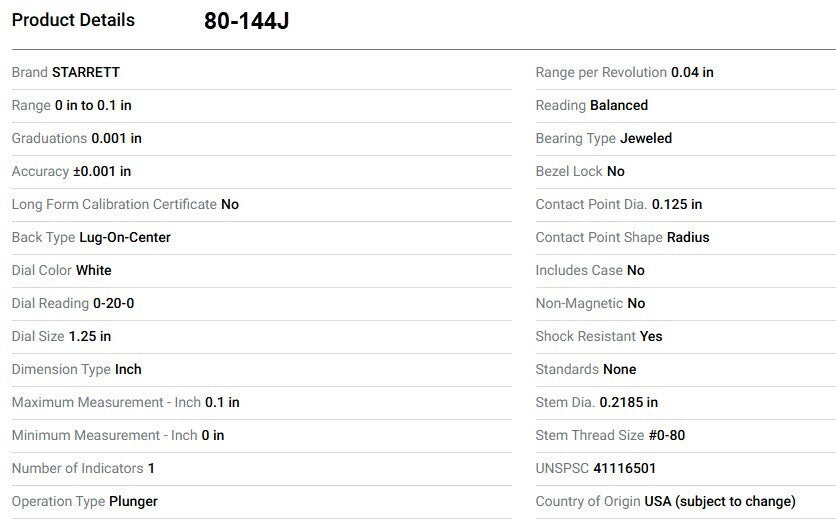 Starrett 80-144J Miniature Dial Indicator with Flat Back, 0-.100" Range: .001"