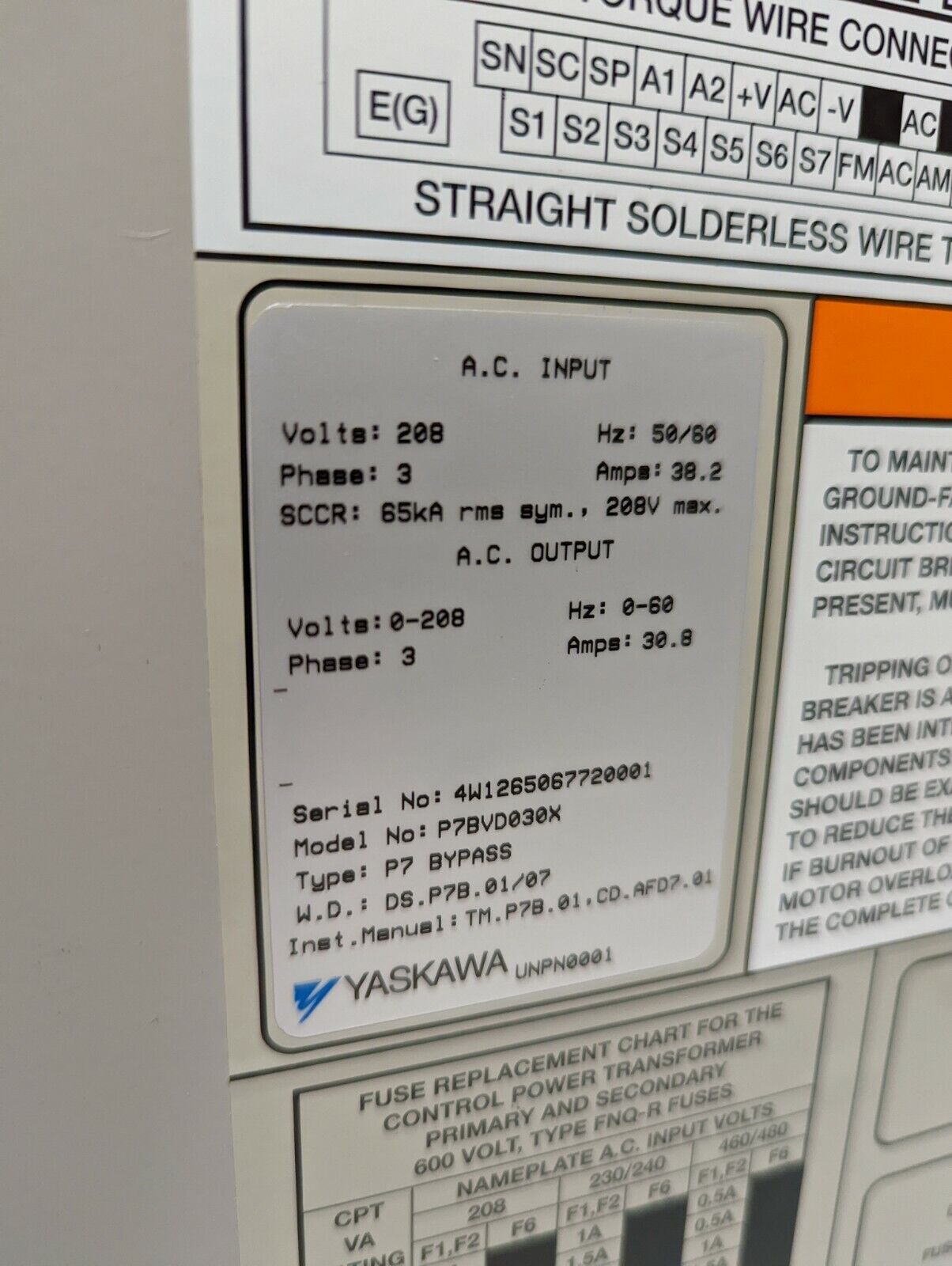 Yaskawa P7B drive with bypass, P7BVD030X, output 0-208V, 0-60Hz, 30.8A, 3 phase