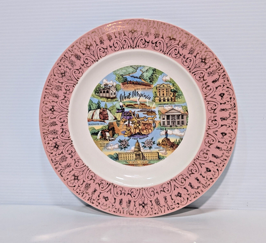 Vintage West Virginia "The First Frontier" 10" Collectable Souvenier Plate Gold