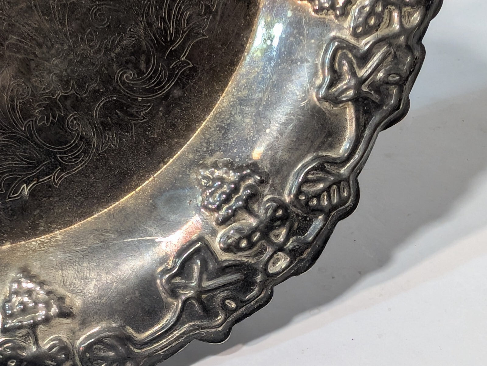 Vintage Bugle Candlestick 9" and Silver Plated Tray with Grapes, Sheffield 6"