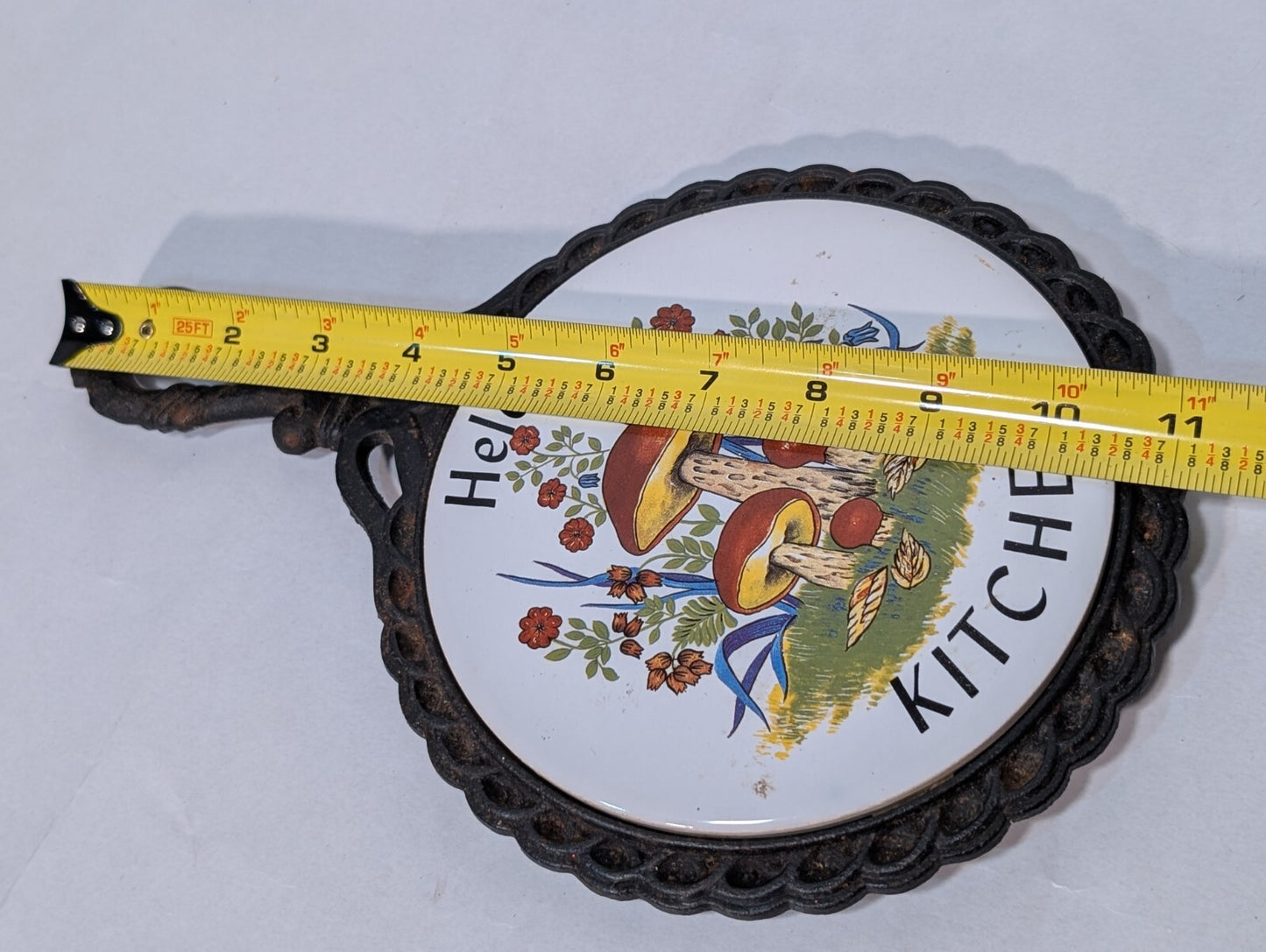 Vintage "Helen's Kitchen" Cast Iron Ceramic Tile Trivet 11" L x 7" W