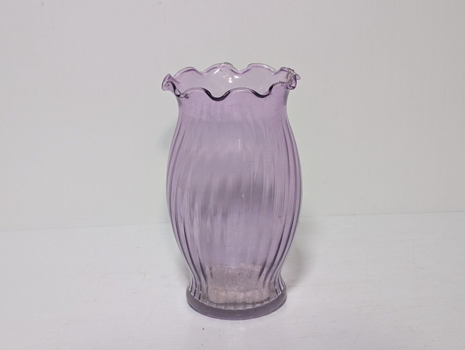 Vintage Lilac Spiral Pattern Scalloped Edge Translucent Vase, 6.5”H x  3.5"Dia.