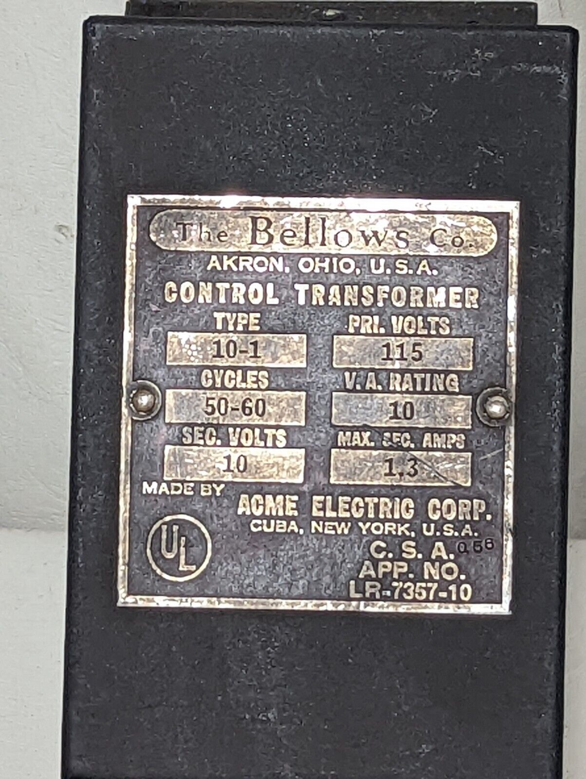 Bellows 10-1 Control Transformer, 115V primary, 10V secondary, by Acme Electric