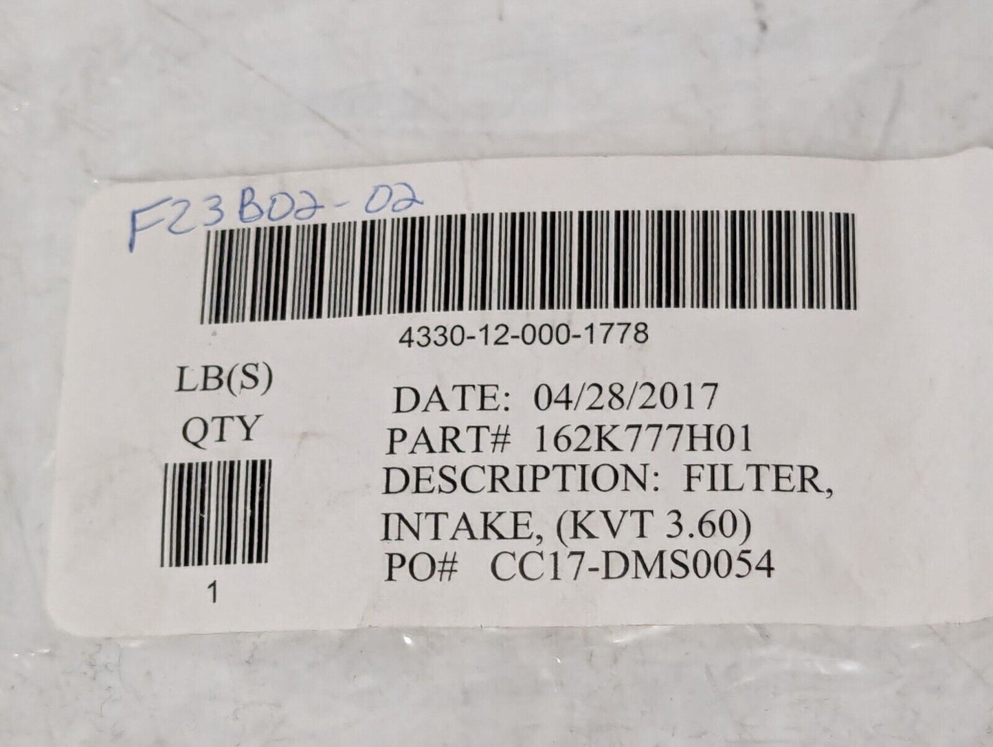 162K777H01 Filter Intake KVT 3.60 - Free Shipping