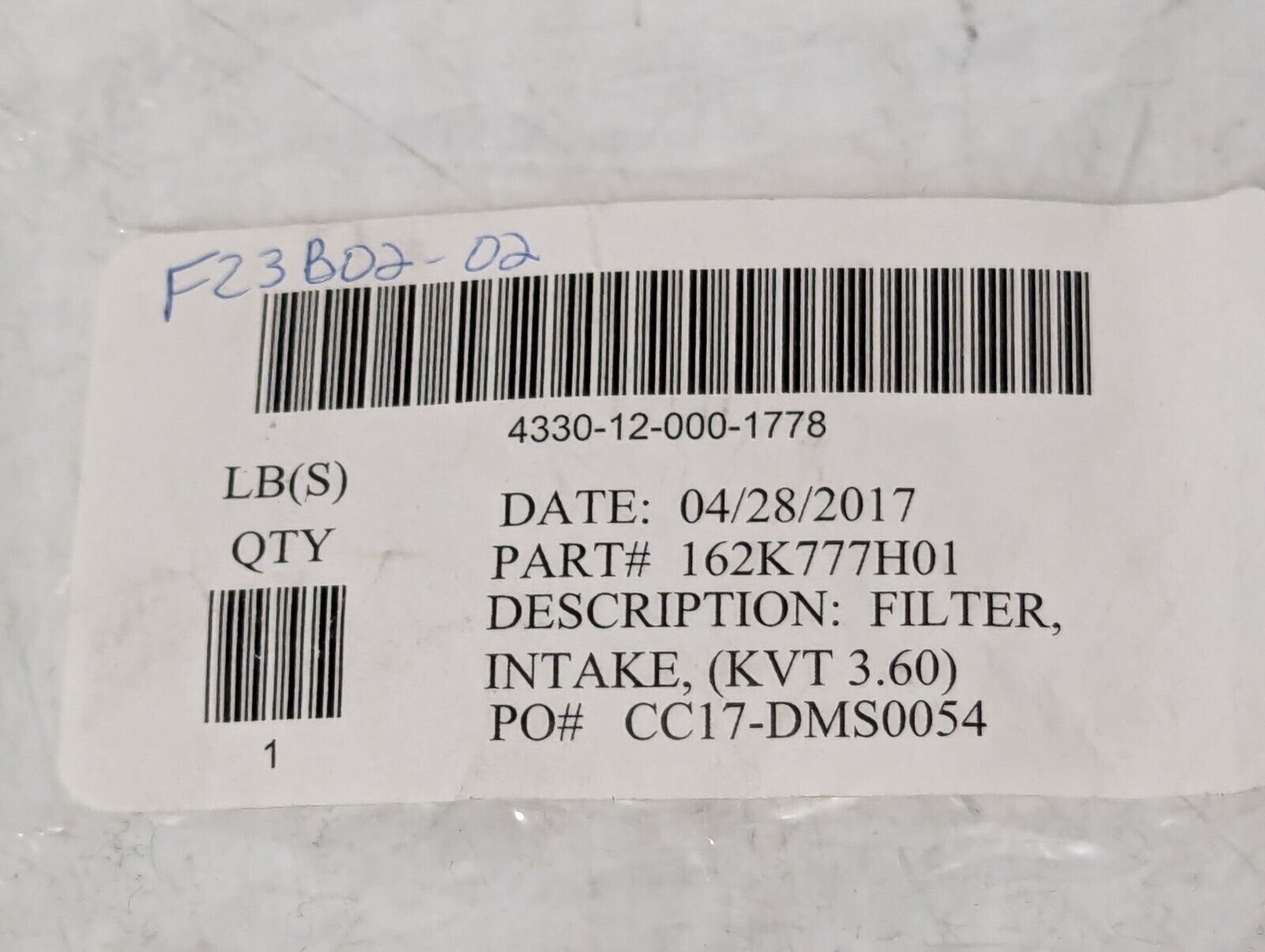 162K777H01 Filter Intake KVT 3.60 - Free Shipping