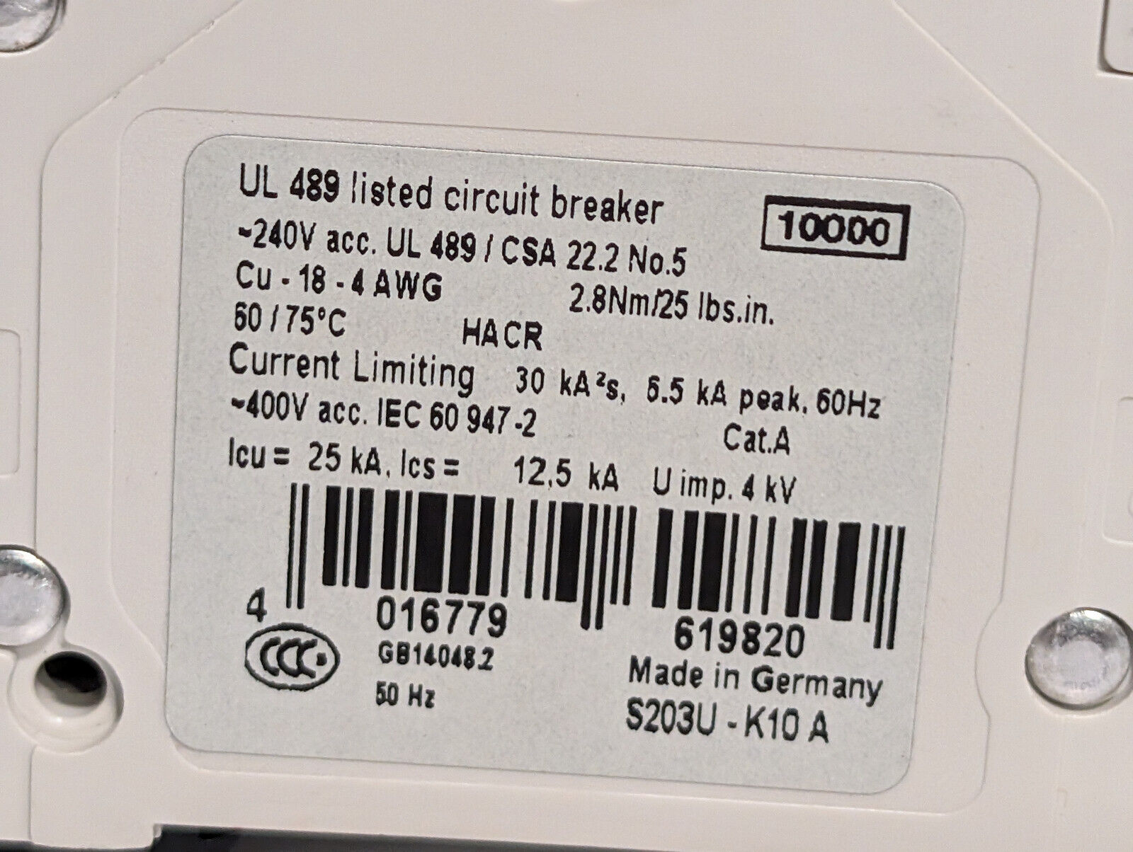 ABB S203U-K10A Circuit Breaker, 3 Pole Unit, Min .4", Made in Germany