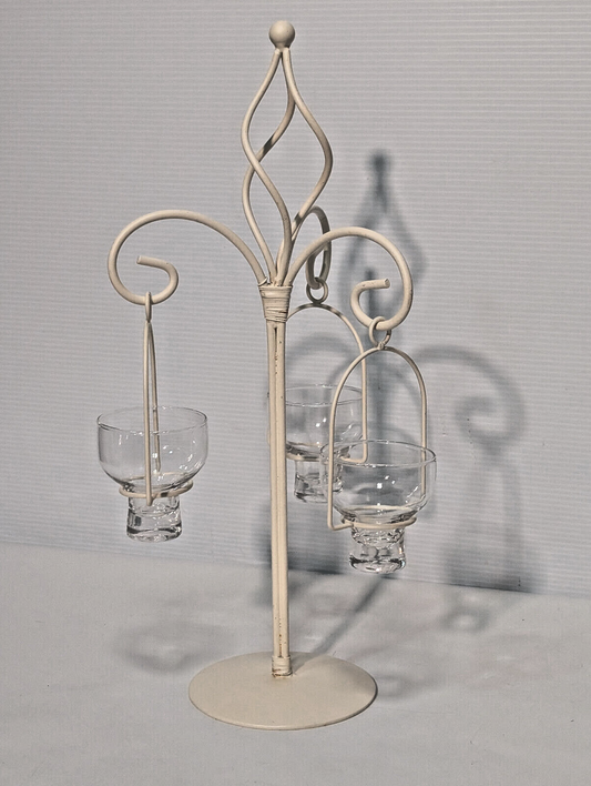 Vintage 80s White Metal Candle Holder Stand 3 Tealight Centerpiece Porch Garden