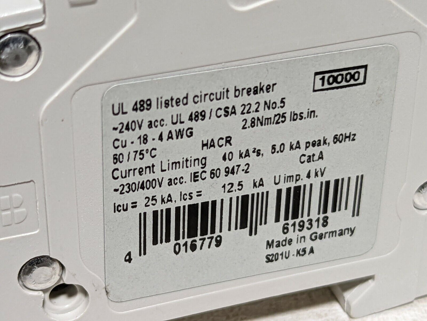 ABB S201U-K5A, 5 amps, 240VAC, 50/60Hz, 1 pole circuit breaker