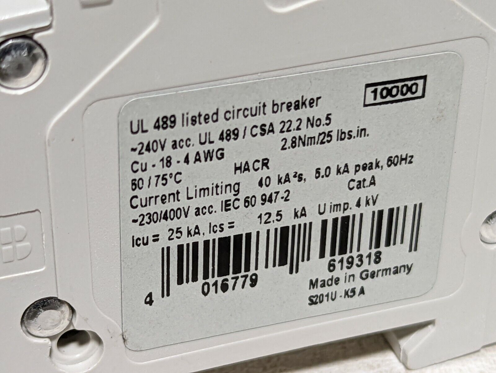 ABB S201U-K5A, 5 amps, 240VAC, 50/60Hz, 1 pole circuit breaker