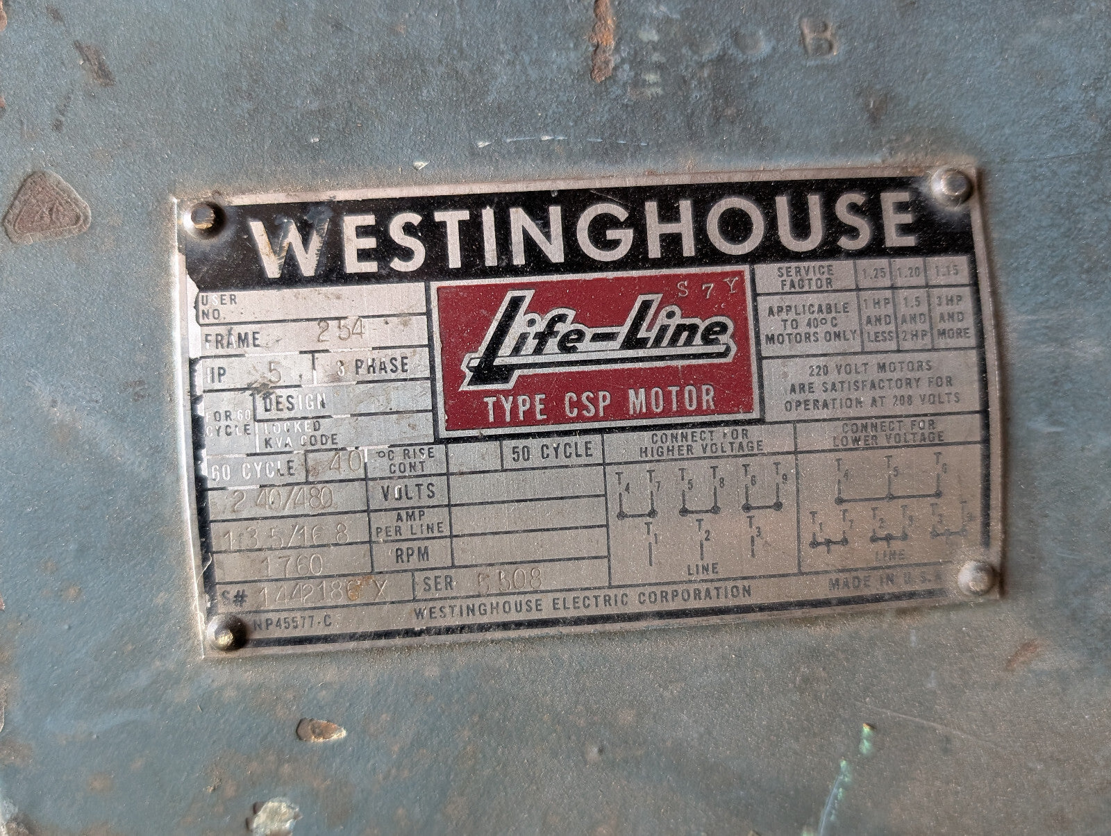 Westinghouse S7Y Type CSP Life-Line Motor 1760RPM, 3PH, 5HP, 254 Frame, 240/480V