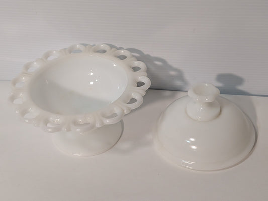 Vintage White Milk Glass Compote Lace Edged Pedestal Candy Dish with Lid, ID: 5"