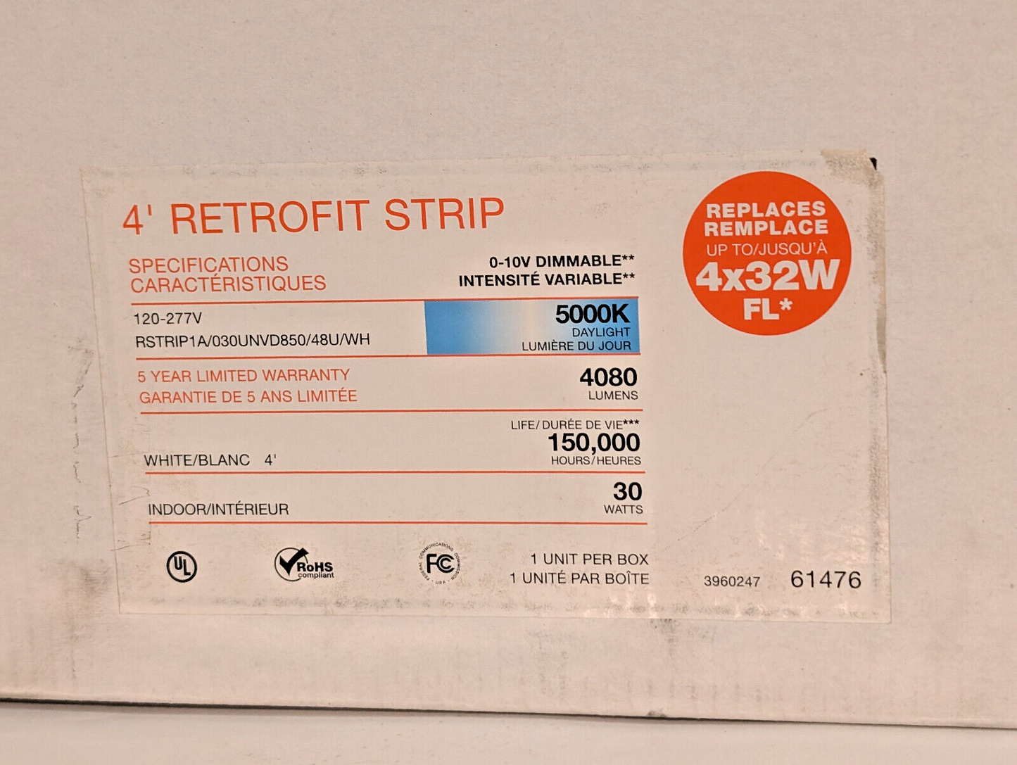 Sylvania 4' Retrofit Strip, 61476, 5000K Daylight, 0-10V Dimmable, 30W, 120-277V