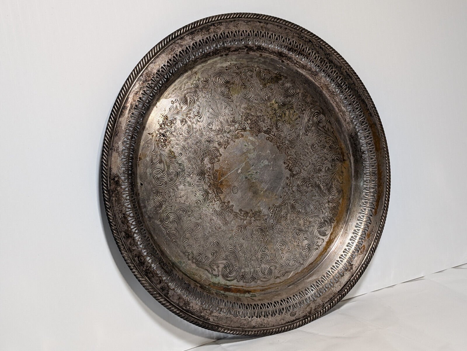 Vintage 15" Sterling Silver Plated Serving Platter, Tray, Victorian, Filagree