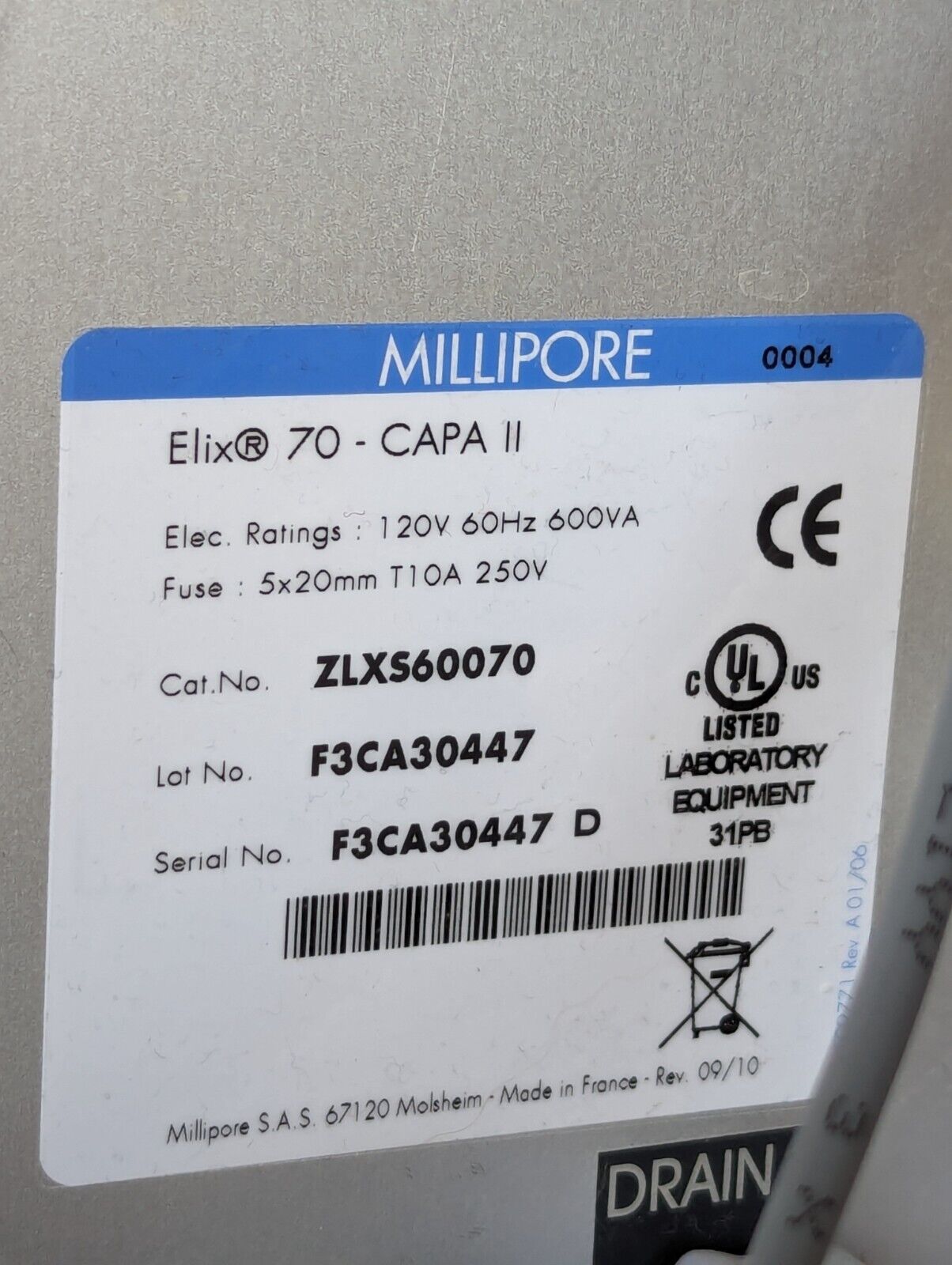 Millipore ZSNACDP01, Elix 70 - CAPA II ZLXS60070 water purification system