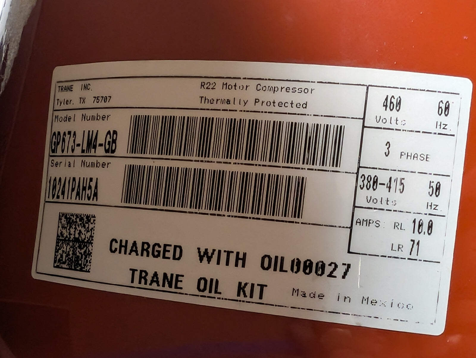 Trane GP673-LM4-GB R22 Motor Compressor, Thermally Protected, 3 Phase