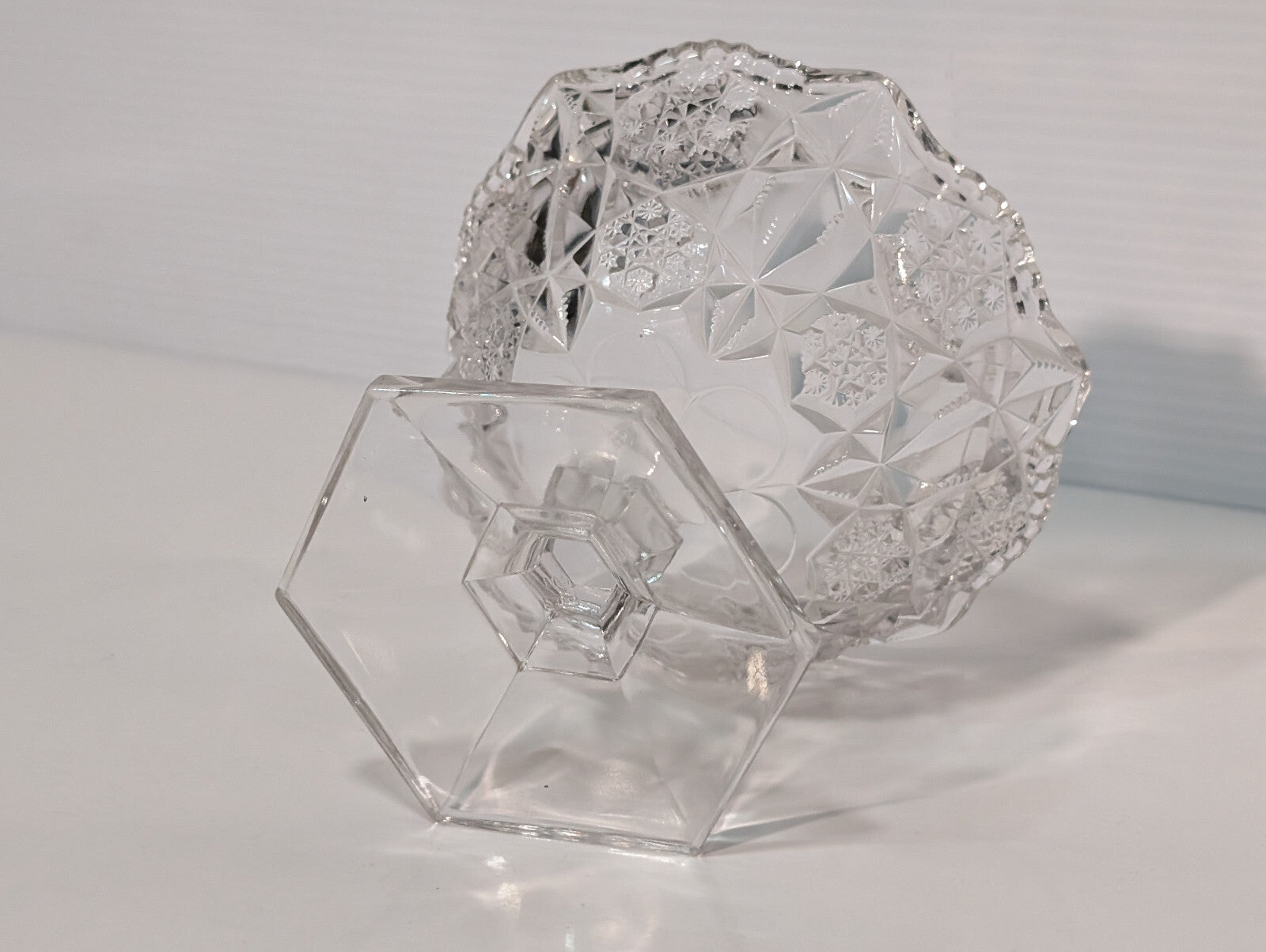 Vintage Clear Glass Crystal Candy Dish Snowflake Pattern Hexagon Pedestal Base