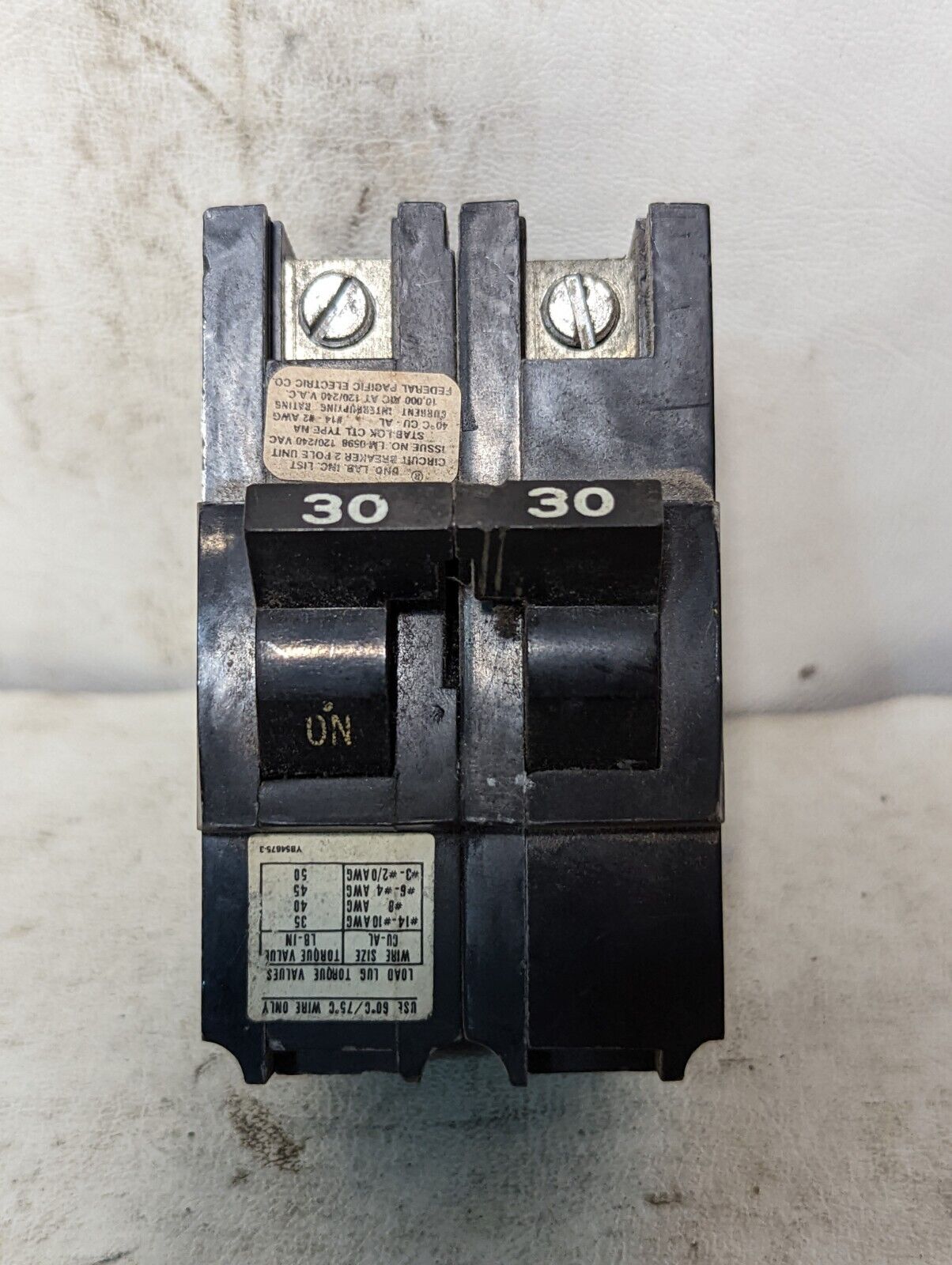 Federal Pacific NA230 circuit breaker, 30A, 120/240VAC, 2 poles