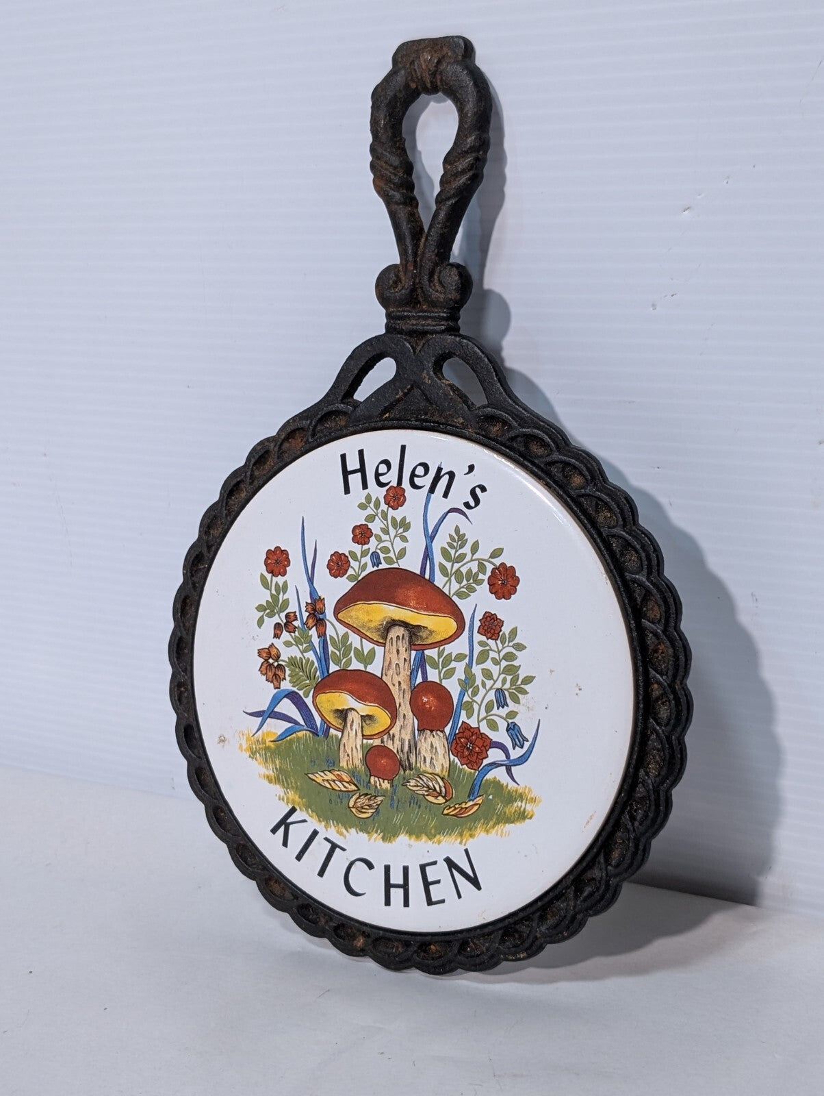 Vintage "Helen's Kitchen" Cast Iron Ceramic Tile Trivet 11" L x 7" W